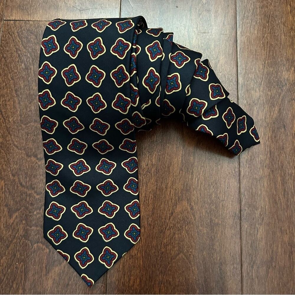 Faconnable Dark Navy and Red Geometric 100% Silk Tie